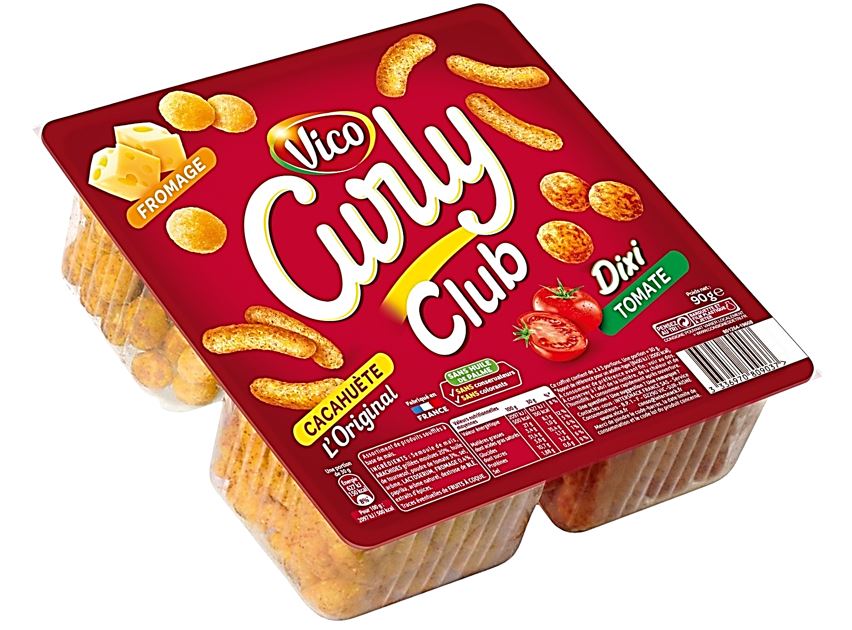 Curly Club, Cacahuete, Fromage, Tomate.