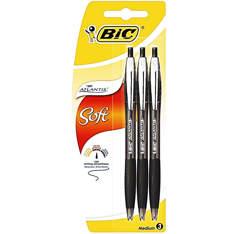 3 Stylos Bille Retractables Noirs Atlantis Soft