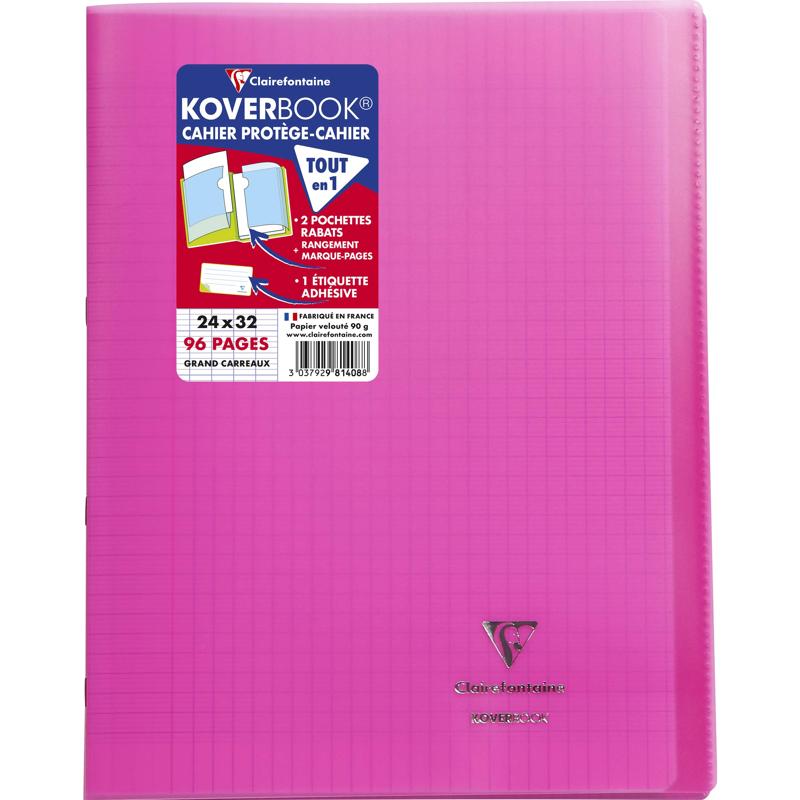 Cahier + Protege Cahier 24X32Cm, Grands Carreaux, Couverture Semi-Rigide Rose, 96 Pages