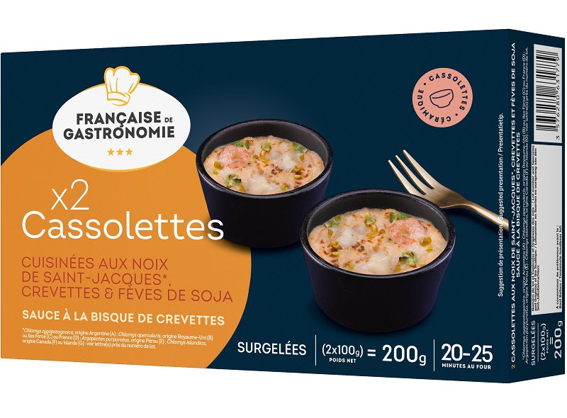 Cassolettes de noix de St-Jacques, crevettes et feves de soja - Sauce a la bisque de crevettes