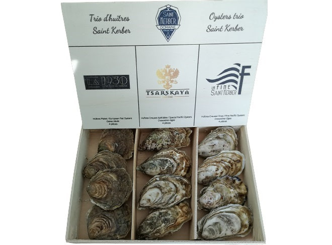 Trio de Saint Kerber : 4 huitres plates, 4 speciales ”tsarkaya”, 4 huitres creuses fines de Saint Kerber.