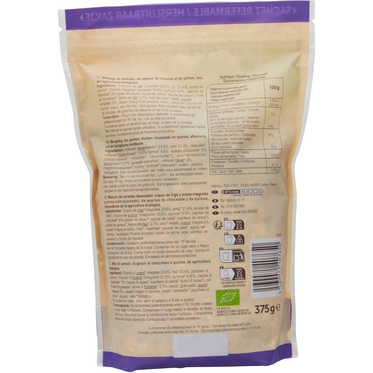 org choc quinoa cereal 375g (#118291)