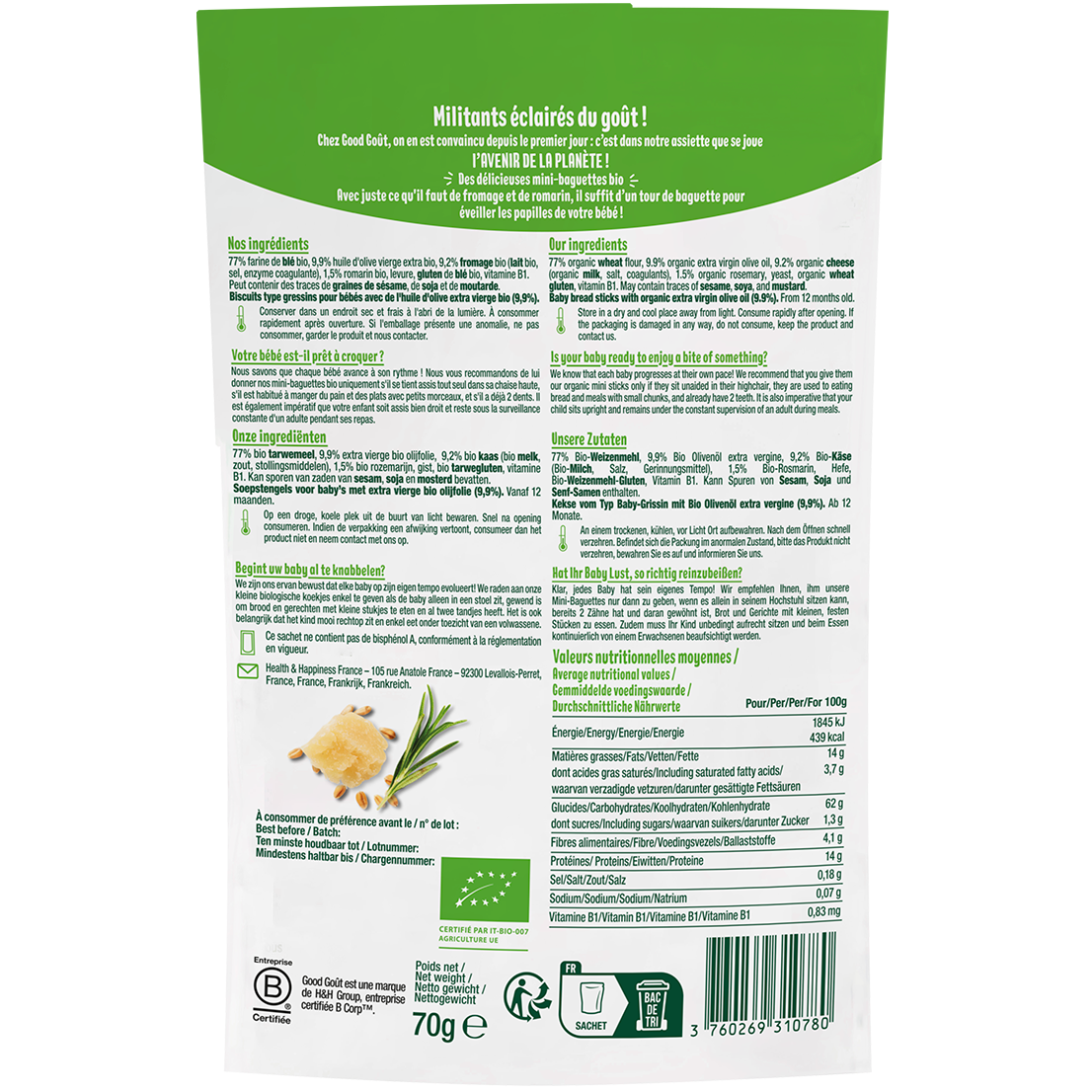CHEESE ROSEMARY MINI BAGUETTES 70G (#121401)