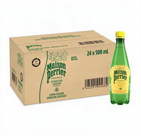 A 24-pack cardboard box of Maison Perrier Forever Lemon sparkling beverage next to a single green glass bottle with a yellow cap and yellow label, on a white background.