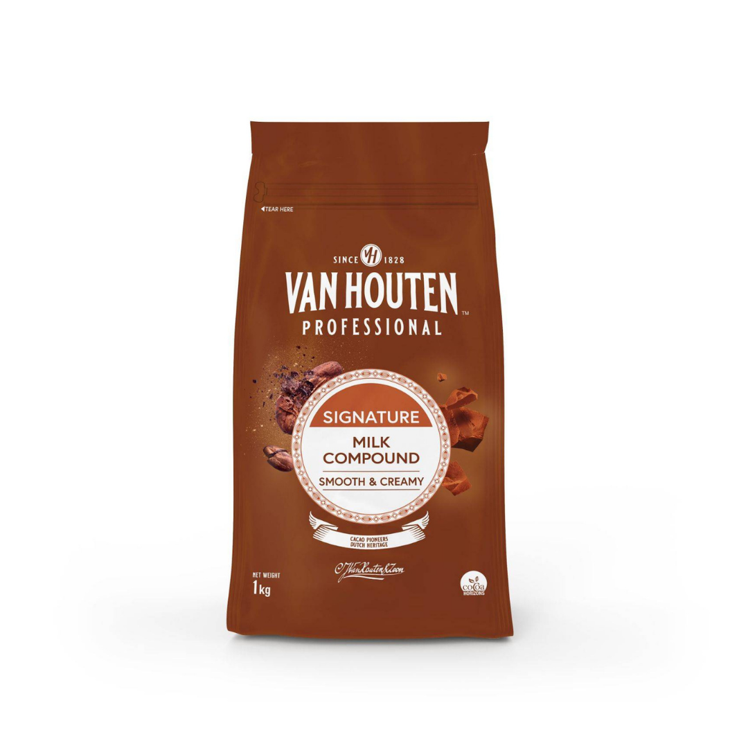 CHOC COMPOUND MILK COIN VHP 1KG (#128728) product packaging from Van Houten Professional, featuring smooth and creamy milk compound.