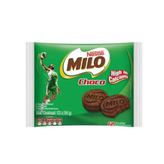 MILO ORIGINAL BISCUIT (6X24G) (#128729) packaging featuring Nestlé Milo Choco cookies on a green background.