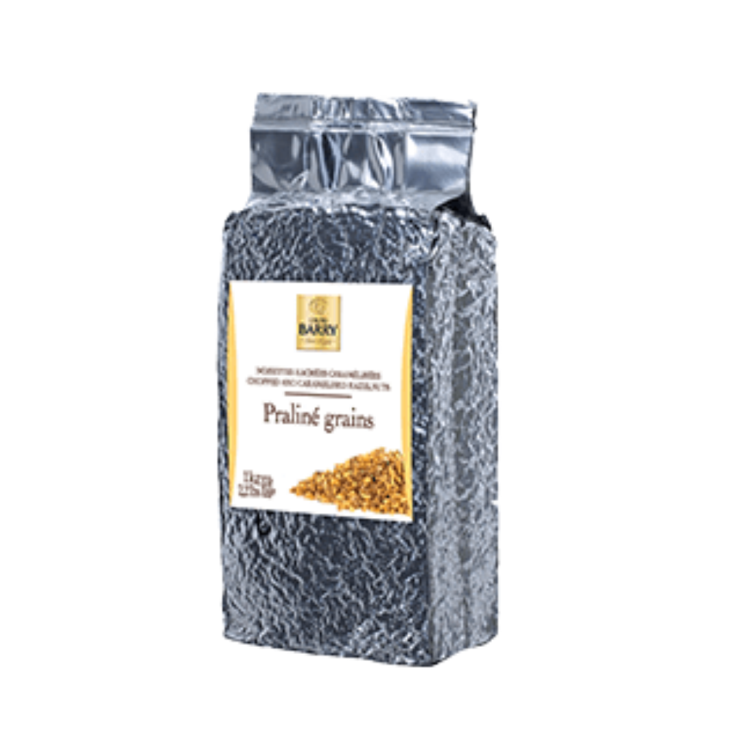 Cacao Barry Caramelised Hazelnuts Singapore - 1kg package showing chopped and caramelised hazelnuts crocant.
