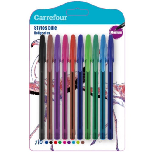 10 Stylos Billes Assortis 9 Couleurs