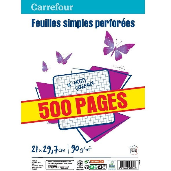 500 Feuilles Mobiles Perfores Petits Carreaux, A4