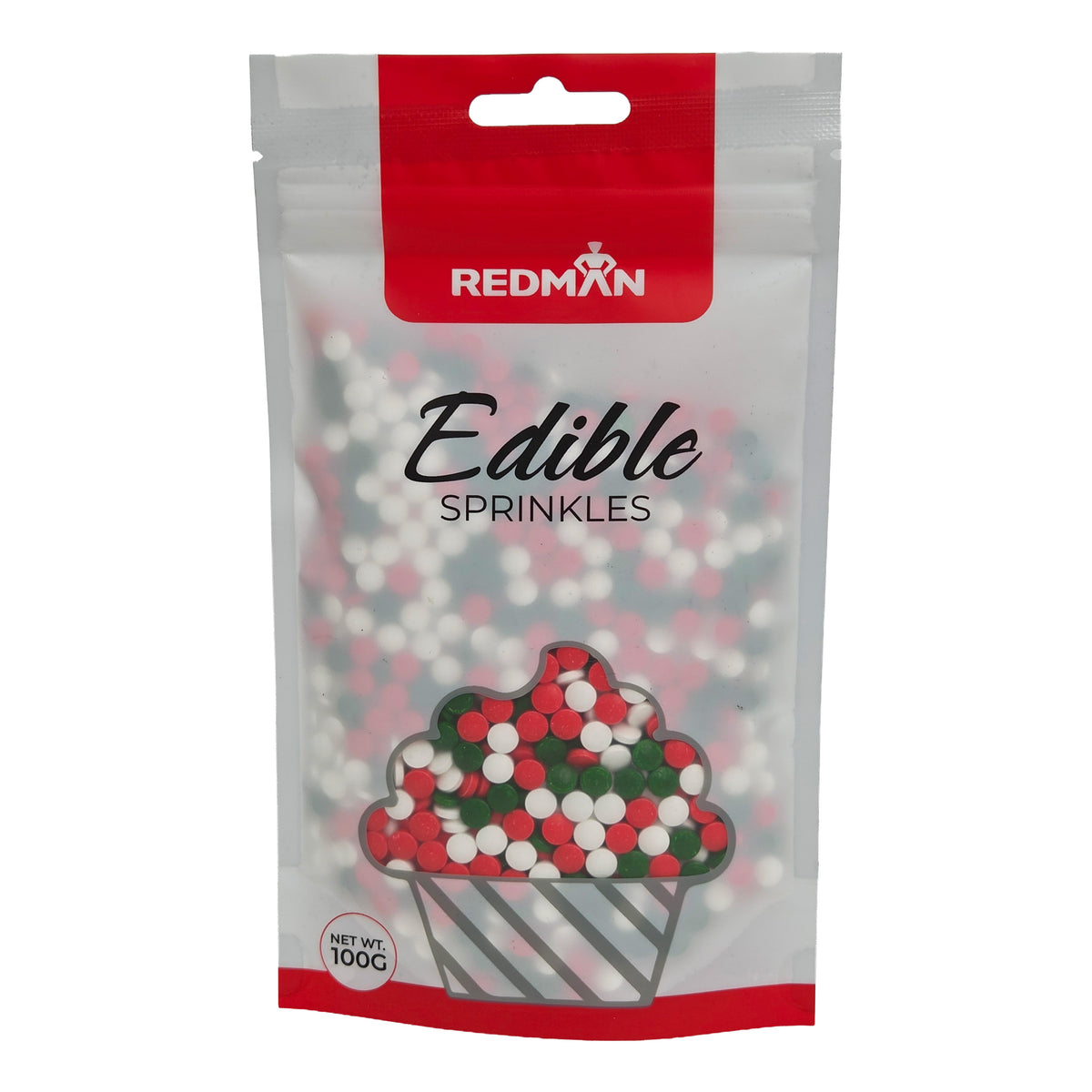 RED, GREEN & WHITE PRESSED CANDY SPRINKLES 100G (#202673)