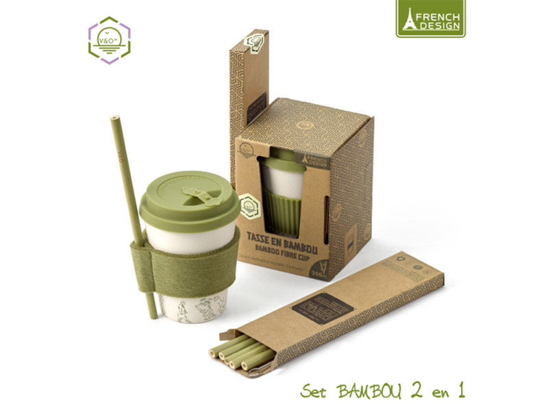 Tasse a the en bambou 2 en 1 + 6 pailles