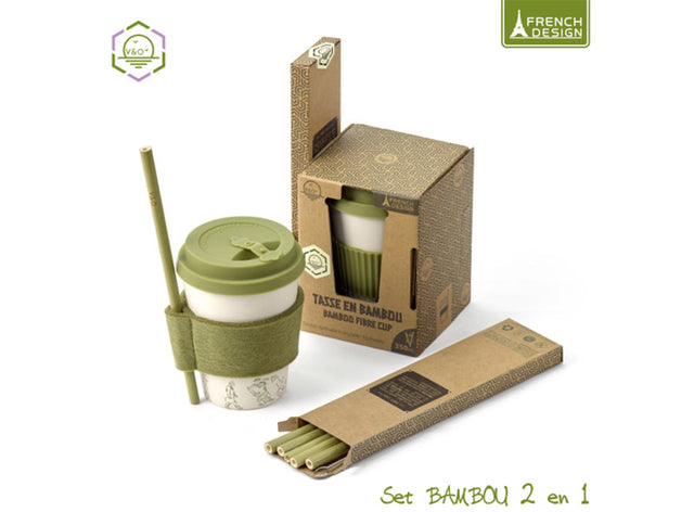 Tasse a the en bambou 2 en 1 + 6 pailles