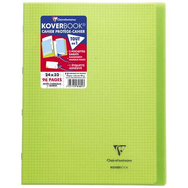 Cahier + Protege Cahier Vert Clair Petits Carreaux 96 Pages 24X32Cm