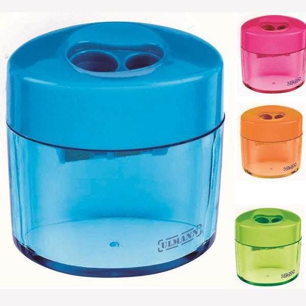 Taille crayon bleu 2 trous avec reservoir couleurs assorties