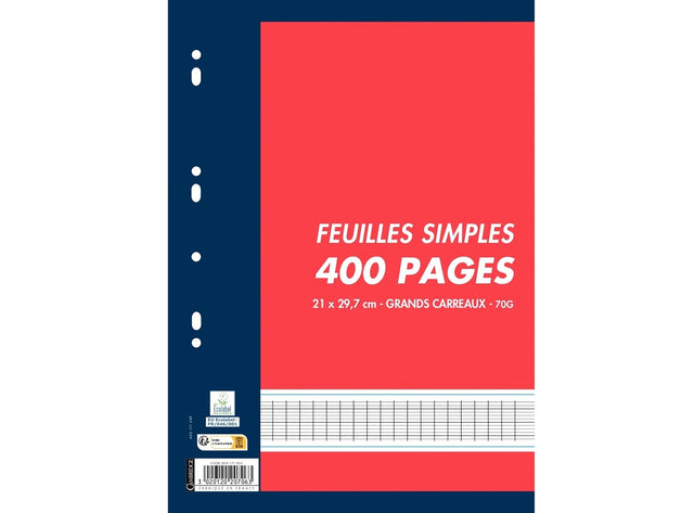 200 Feuillets Mobiles Perfores Grands Carreaux A4, 70G