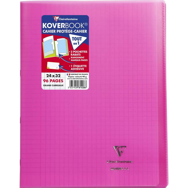 Cahier + Protege Cahier 24X32Cm, Grands Carreaux, Couverture Semi-Rigide Rose, 96 Pages