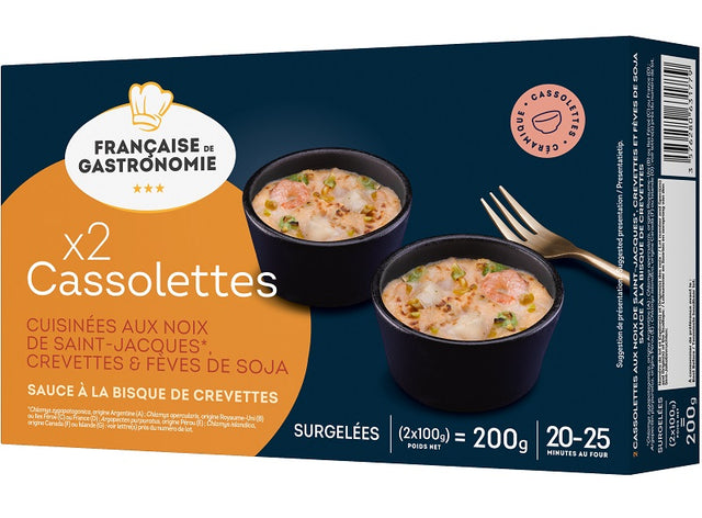 Cassolettes de noix de St-Jacques, crevettes et feves de soja - Sauce a la bisque de crevettes