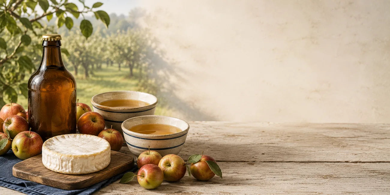 French cider, apples and soft cheese in a Normandy orchard